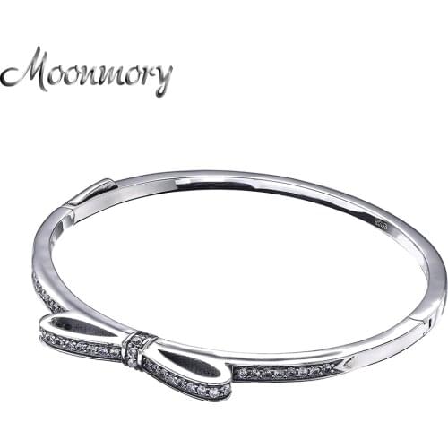 Moonmory Sparkling Bow Bangle S925 Sterling Silver Bow Tie Shaped Bracelet With Clear Zircon For Woman Diy Silver Jewelry Bangle