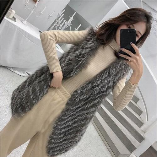 New women real genuine natural sliver fox Fur vest gilet Autumn and Winter jacket Fur strip sewed toghter