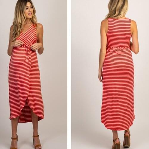 Vneck maternity dress striped pregnancy dress Cotton sling dress for baby shower Sleeveless gown summer fashion long loose skirt