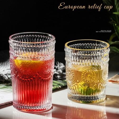 Hot Nordic Retro Embossed Gold Rimmed Glass Cup Gold Painted Cup Mouth Bicchiere Sunflower Beer Glass Transparent Drinking Glass