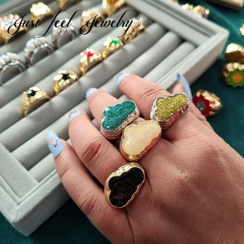 JUST FEEL Fashion Shine Enamel Cloud Metal Rings for Women Gold Silver Color Korean Cute Chunky Rings Round Geometric Jewelry