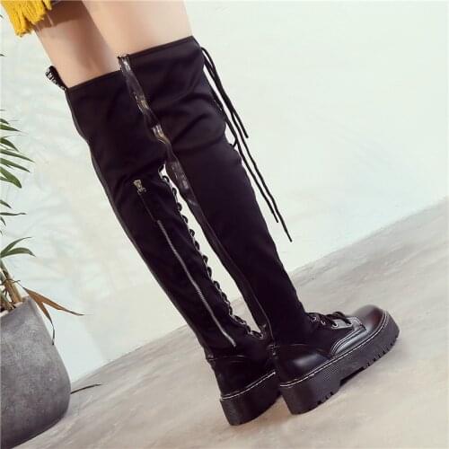 RASMEUP Lycra Stretch Womens Knee High Boots 2020 Spring Fashion Women Zipper Long Boots Autumn Lace up Ladies Platform Shoes