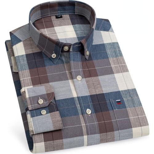 100% Oxford Cotton Longsleeve Shirt for Men buttons Plaid Shirt Striped pocket Mens Shirts 7XL 8XL Large Sizes Streetwear