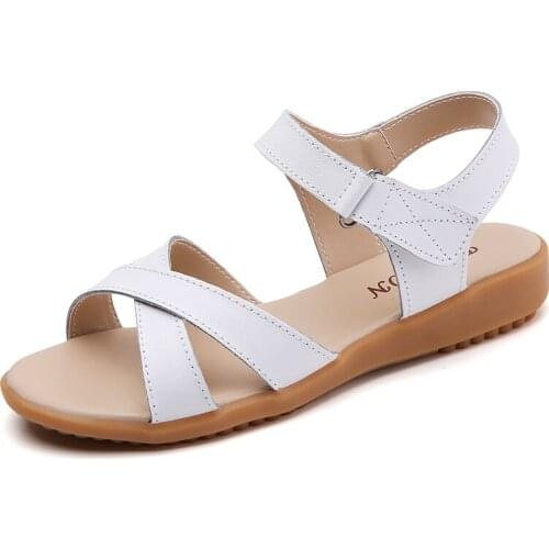 YSHUNIJ Summer Split Leather Sandals Women Flat Ladies Leather Shoes Slip Resistance Casual Sandals For Woman Soft Ladies Shoes
