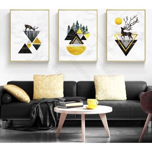 Nordic Canvas Painting Poster Black and Gold Triangles Semi-Circles Yellow Sun Forests Abstract Deer for Home Rooms Wall Decorat