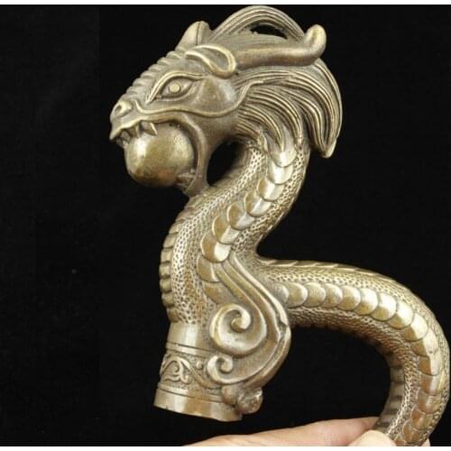 Old Handwork Carving Bronze Rare Dragon Statue Cane Head Walking Stick
