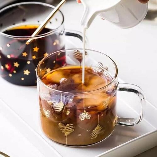 400ml Glass mug Creative Glass Cup Gold star Printed Heat-resistant Coffee Tea Drinks Breakfast Milk Cup Glass Mugs With Handle