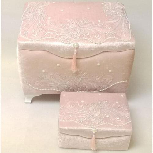 Wedding World New Season Special Production Covered 2 Pcs Chest Dowry Velvet Fabric Wood Material Big and Small Chest Lacy