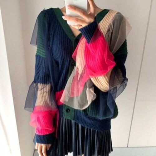 Women Sweater Cardigans Geometric Contrast Mesh Stitching Knitting Sweater Female Loose V-neck Cardigan Swewater Knited Jacket