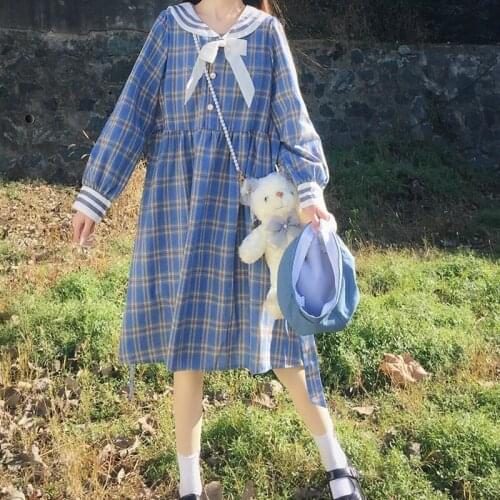Women Plaid Dresses Summer 2020 Long Sleeve Sailor Collar Bow Dress Knee Length Straight Dress Preppy Style Blue Sundress Robe