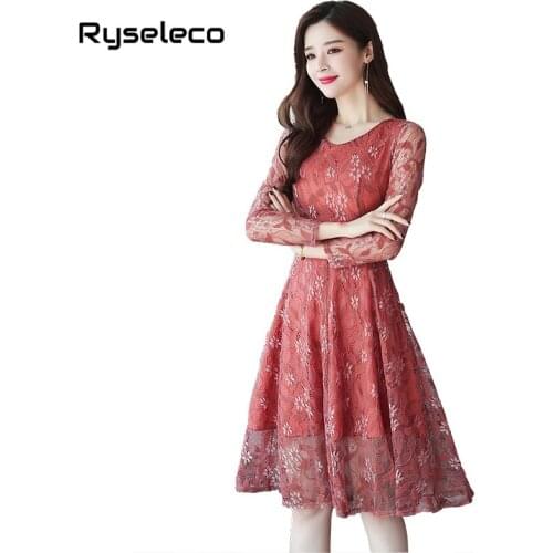 Women 2018 Autumn Plus size Lace Dress Ladies Runway Vintage Slim Sexy Floral Crochet Flower Long Sleeve Flare Big Party Dresses