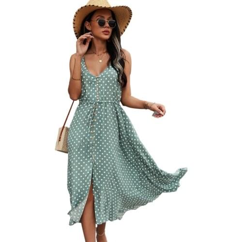 2021 Summer New Women Fashion Sleeveless V-Neck Dot Dress Sexy Spilt Bandage Buttons Casual Vestidos Mujer