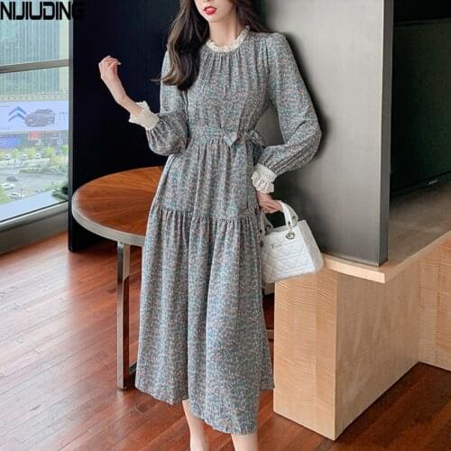 Spring Autumn Women Chiffon Dresses 2021 Long Sleeve Floral Printed Stand Collar Lace Up Waist Midi Dress Female Mujer Vestidos
