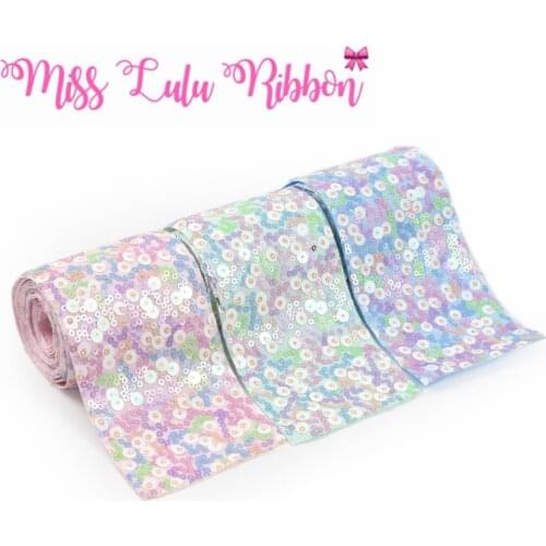 3"75mm Shiny Cutting Sequin Ribbon Rainbow Blue Green Hair Bowknots Making Lt.Pink DIY Wedding Dress Colorful Decor 2yards/roll