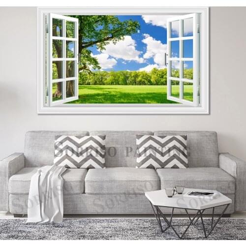 Tree Lawn Landscape Imitation Window Design 3D Wall Art Canvas Painting For Living Room Posters And Prints Pictures Home Decor
