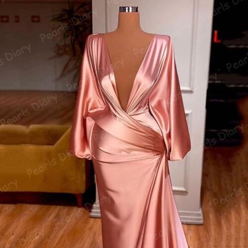 Sparkly Pink Muslim Evening Dresses Long Sleeves V Neck Moroccan Kaftan Dubai Women Wedding Prom Dress Formal Party Night Dress