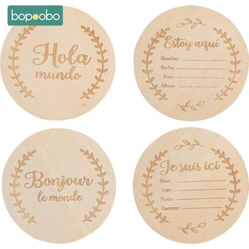 Bopoobo Baby Wooden Spanish French Milestone Card Engraved Wooden Hello World Milestone Newborn Children Photography Props Toys