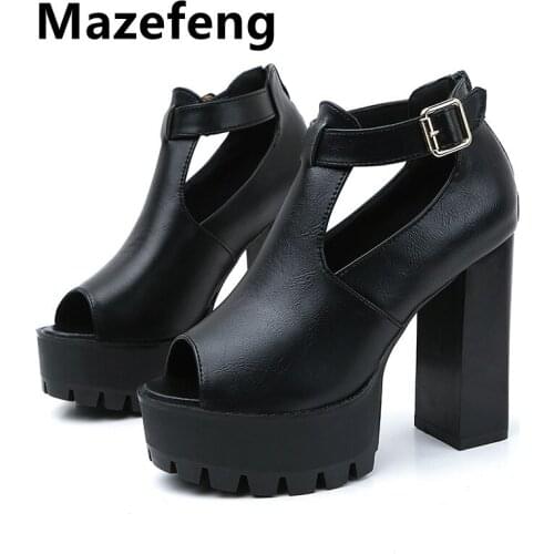 Mazefeng Brand 2021 Women Square Heel Sandals Peep Toe Hollow Out Chunky Gladiator Sandals with Strap Black Spring Summer Shoes