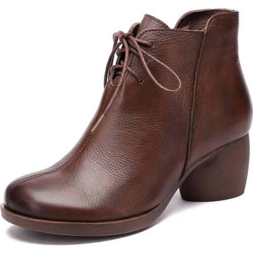 UMMEWALO Thick Heel Boots Women Round Toe Winter Lace Up Genuine Leather Ankle Boots Ladies