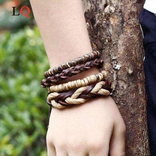 Handmade Mix Style Multiple Charm Bracelet Natural wooden Beads Energy Bracelet Vintage Leather Braided Bracelets for Women Men