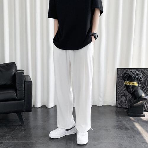 Summer Casual Pants Mens Fashion Gray Black White Wide-leg Pants Men Streetwear Loose Thin Ice Silk Pants Mens Trousers M-3XL