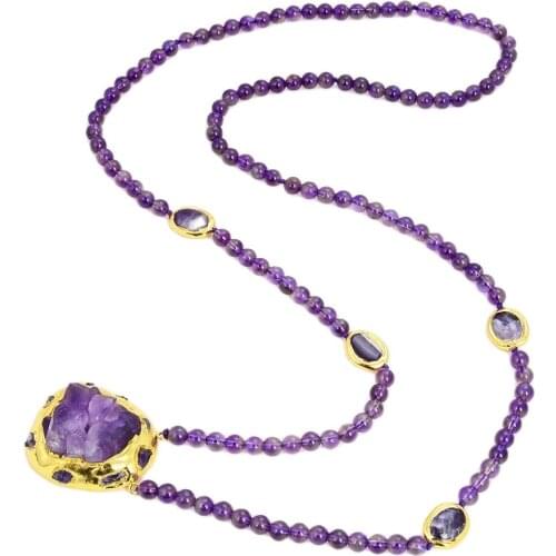 JK Natural 35" 46x50MM Purple Amethyst Druzy Gold Plated Pendant Long Necklace For Women