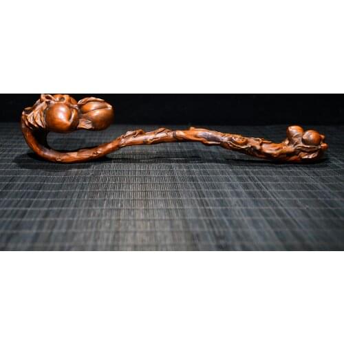 11"Chinese temple collection Old Boxwood Shou Tao Wishful Fushou Ruyi Office Ornaments Town House Exorcism