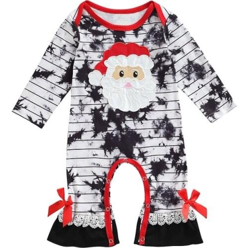 0-24M Newborn Baby Girl Long Sleeve Striped Santa Claus Pattern Tie-dyed Romper Jumpsuit Outfits Xmas Clothes
