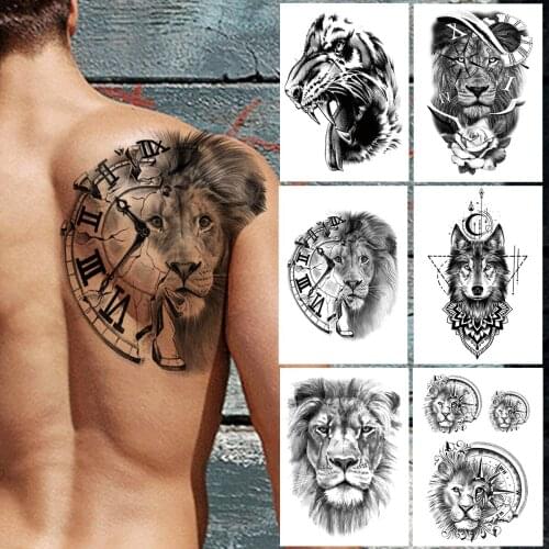 Compass Lion Temporary Tattoo For Men Women Adult Geometry Wolf Moon Tattoos Sticker Devil Animal Flower Fake Black Tatoos Back