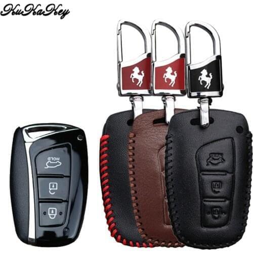 Leather Car Key Cover with Keychian Ring For Hyundai Solaris ix35 ix45 Santa Fe 2013 2014 2015 2016 Accent Elantra Grand Tucson