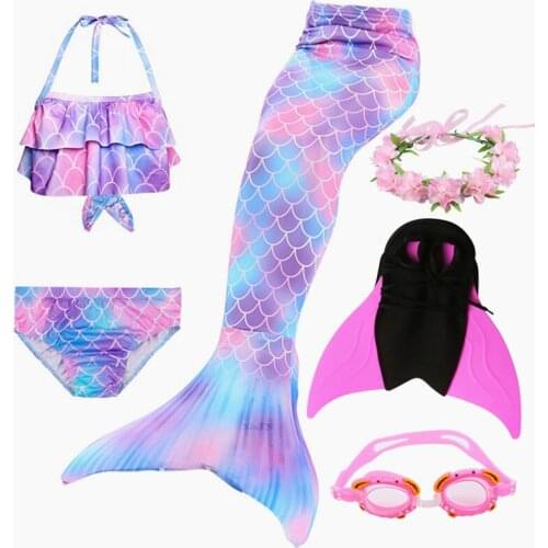 Kids Girls Mermaid Tails with Fin Swimsuit Bikini Bathing Suit Dress for Girls can add Monofin Fin Goggle with Garland