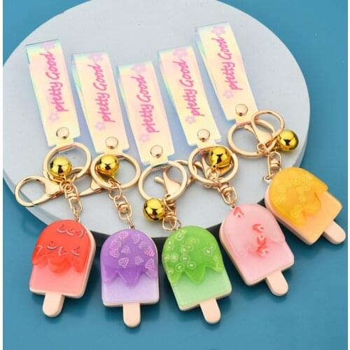 Summer Fruit Ice Cream Keychain Pendant with Light, Simulation Ice Cream Ornaments, Laser Printing Leather Rope Bag Pendant