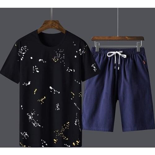 Summer Cotton Men Plus Size Two Pieces Sets Short Sleeve O-Neck Tees Top Drawstring Waist Knee Length Shorts Casual Male Outfits