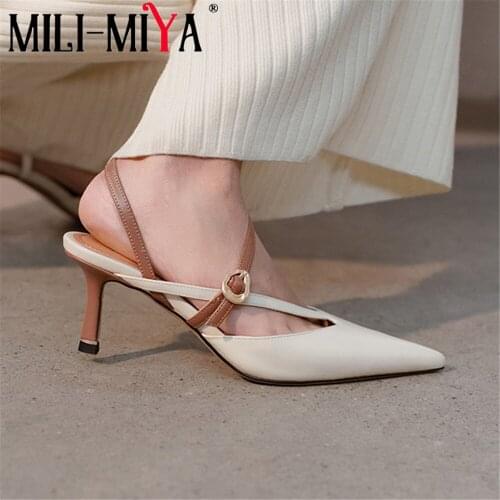 MILI-MIYA Fashion Pointed Toe Buckle Strap Women Genuine Leather Pumps Thin Heels Mixed Color Dress Party Summer Shoe Size 34-40