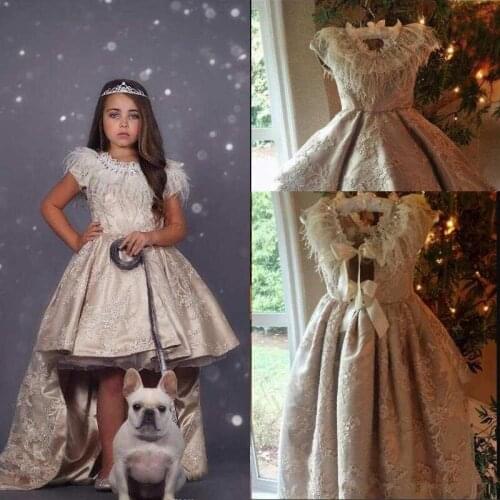 2020 New High Low Flower Girl Dresses Jewel Feather Boho First Communion Gowns For Little Girl Short Sleeves Girls Pageant Dress