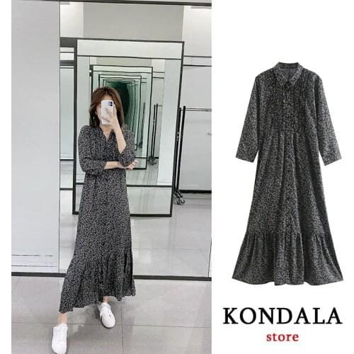KONDALA 2020 women retro print maxi dress long sleeve turn down collar female casual stylish chic midi length ZA dress vestidos