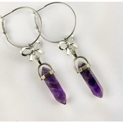 Crystal Hoop Earrings With Bow Detail - Gothic Jewelry, Pagan Earrings, Boho Stone Hoops, February Birthstone