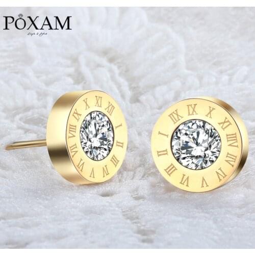 POXAM Fashion New Roman Numeral Round Crystal Small Stud Earrings for Women Man Personality Statement Cubic Zirconia Ear Jewelry