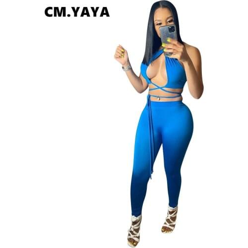 CM.YAYA Sexy Night Party Legging Pants Set for Women Solid Twist Crop Tops Matching Two Piece Set Beach Tracksuit Outfits 2021