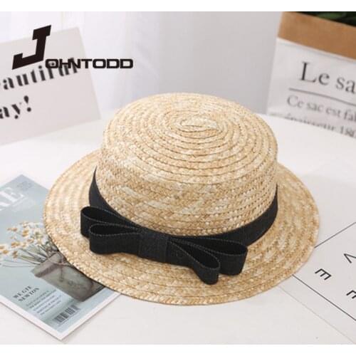 Wholesale Brand fashion sun flat straw hat boater hat girls bow summer Hats For Women Beach flat panama straw hat chapeau femme