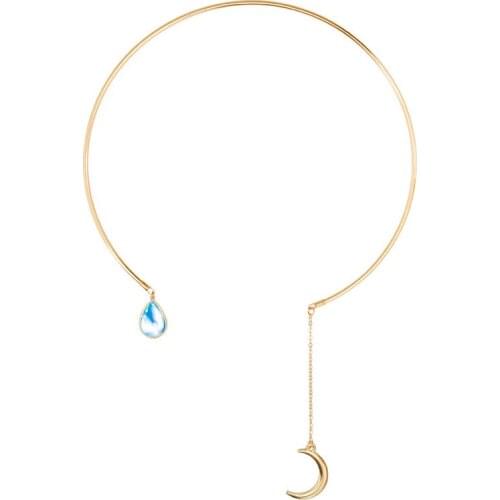 Bling Crystal Chain Moon Pendant Fancy Rhinestone Drip Opening Adjustable Women Golden Necklace