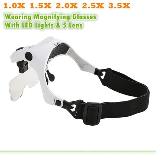 5 Lens Loupe Eyewear Magnifier With LED Lights Lamp Inter Changeable Lens 1.0X 1.5X 2.0X 2.5X 3.5X Wearing Magnifying Glasses