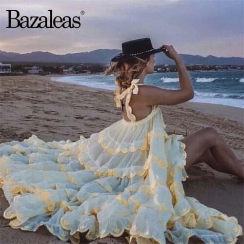 Bazaleas Vintage Lace Patchwork women Dress Backless summer Dress Fashion Beach Big Pleated vestidos drop shipping
