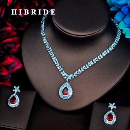 HIBRIDE Sparkling Red Cubic Zirconia Jewelry Sets Luxury Earring&Necklace Sets Charm Valentines Day Gifts Free Shipping lN-502