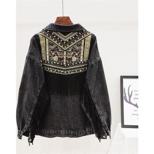 Boho Womens Denim Jacket 2021 Spring Vintage Floral Embroidery Suede Fringe Loose Long Sleeve Jean Jacket Casual Ropa De Mujer
