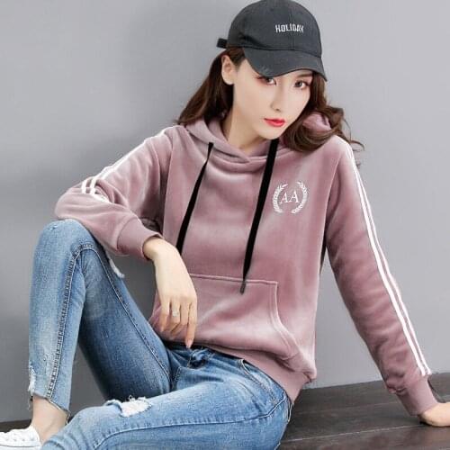 Korean Autumn Long Sleeve Velour Women Hoodies Pocket Loose Fit Fleece Tops Ladies Blue Red Pink Pullovers Print Casual Clothing