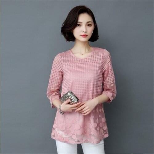 Spring Summer Large Size Women Chiffon Lace Splice Shirts Fashion O-Neck Loose Net Yarn Blouses Casual Femme Tops Blusas MM0419