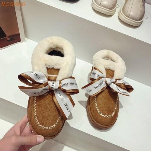 New Cute bow Women Winter Cotton Shoes Plush Warm Snow Boots Ladies Casual Flat Short Boots Solid Color Furry Females Feetwear