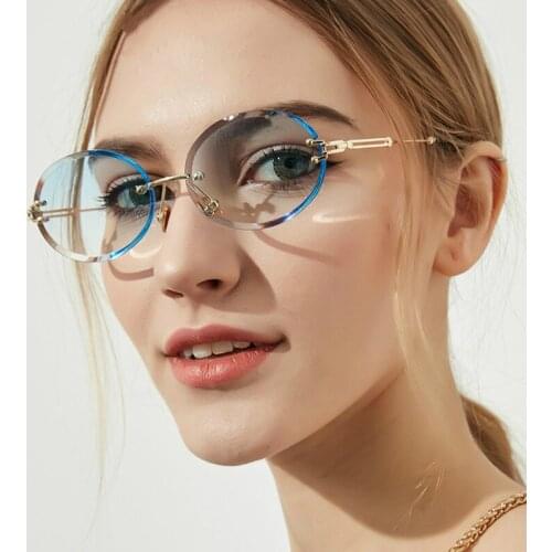 Rimless Oval Sunglasses Women Frameless 2020 Gold Brown Metal Frame Round Small Sun Glasses Summer Shades for Ladies UV400