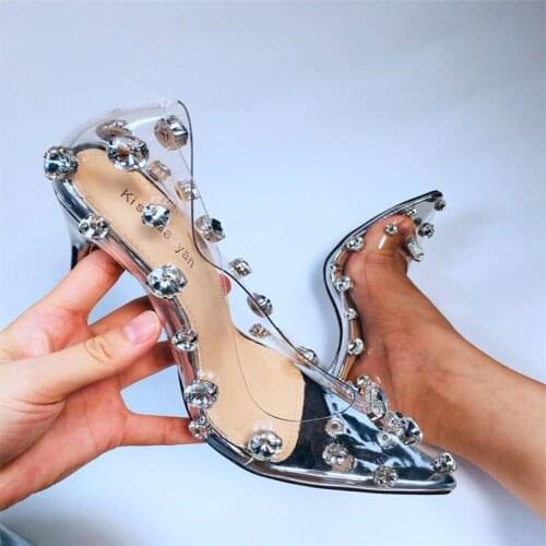 2021 Design Rivet Crystal Pumps Wedding Women Shoes High Heels PVC Transparent Sexy Night Club Femme Shoes